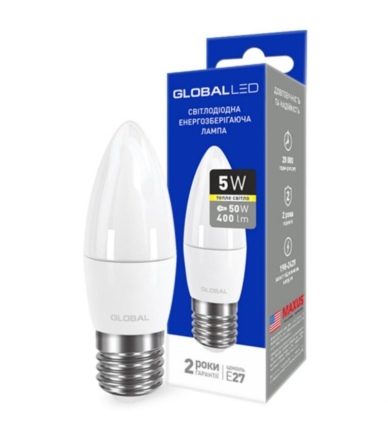 Лампочка светодиодная 1-GBL-131 C37 CL-F 5Вт Global 3000К 220В, Е27 - 1-GBL-131