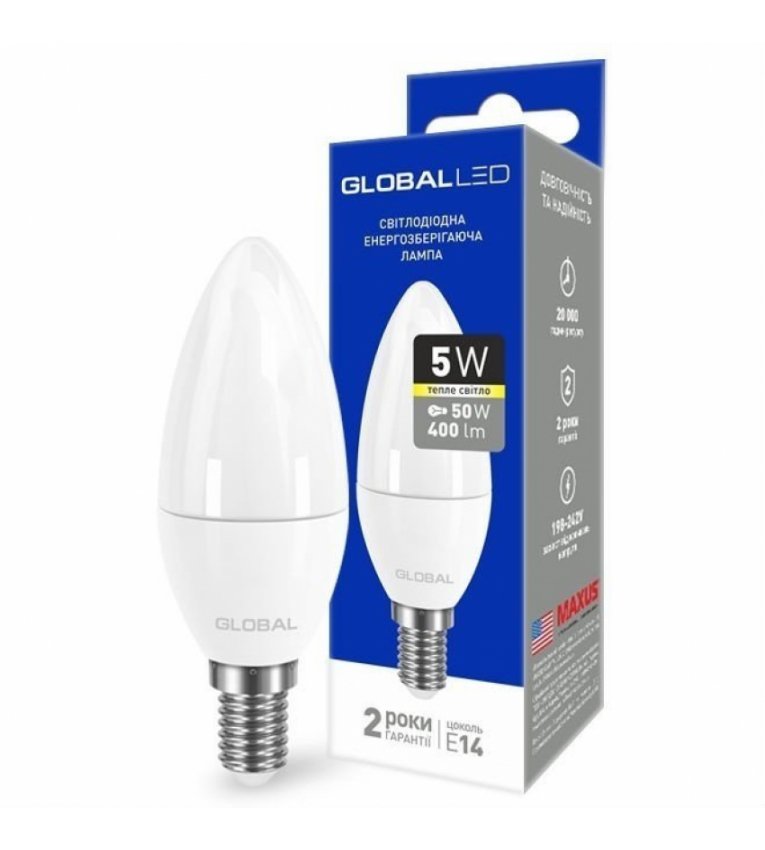 Лампа LED C37 CL-F 5Вт 3000К Е14 Maxus серия Global - 1-GBL-133-02