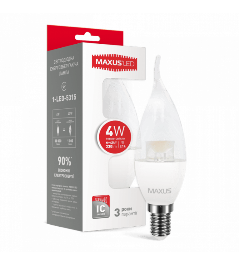 LED лампа 1-LED-5316 C37 CL-T 4Вт Maxus 4100К, Е14 - 1-LED-5316