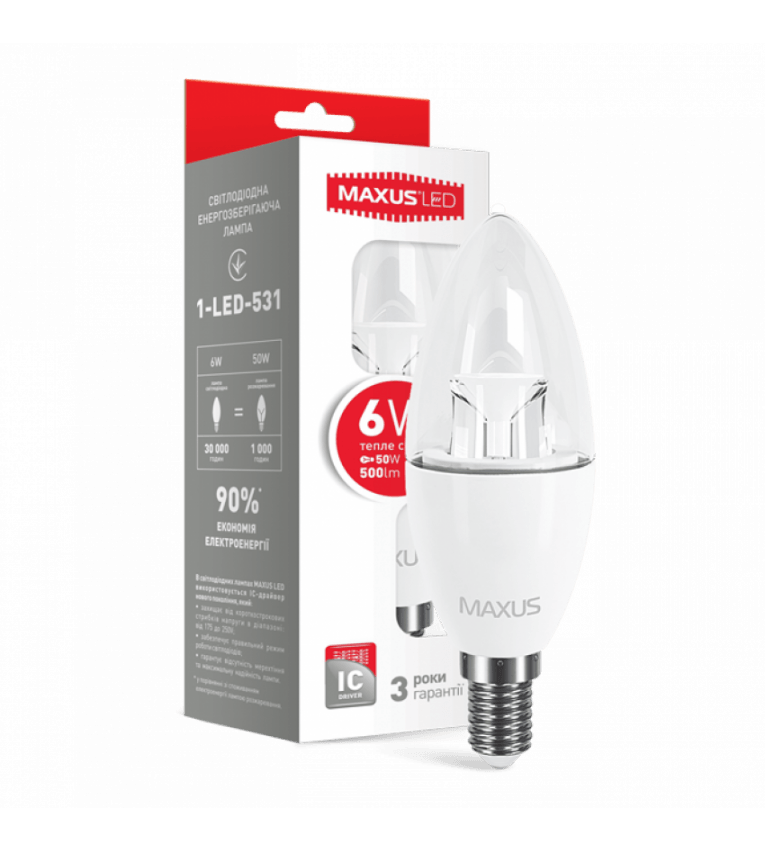 Лампочка LED 1-LED-532 C37 6Вт Maxus 4100К, Е14 - 1-LED-532