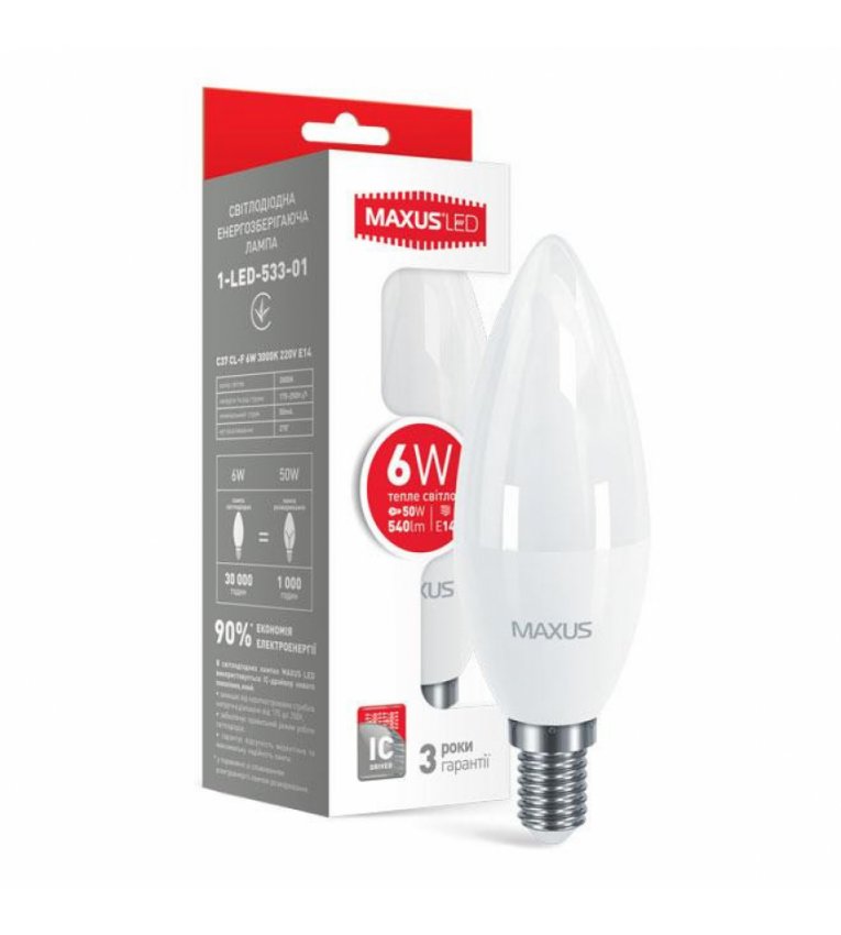Лампа светодиодная C37 6Вт Maxus 3000К, Е14 - 1-LED-533-01