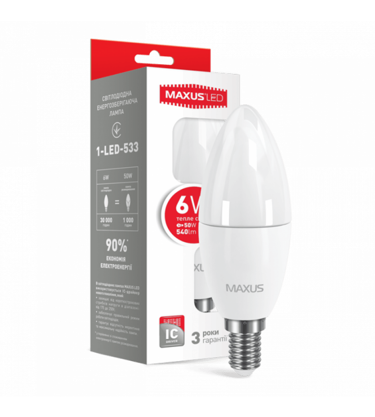 Лампа светодиодная 1-LED-533-02 C37 6Вт Maxus 3000К, Е14 - 1-LED-533-02