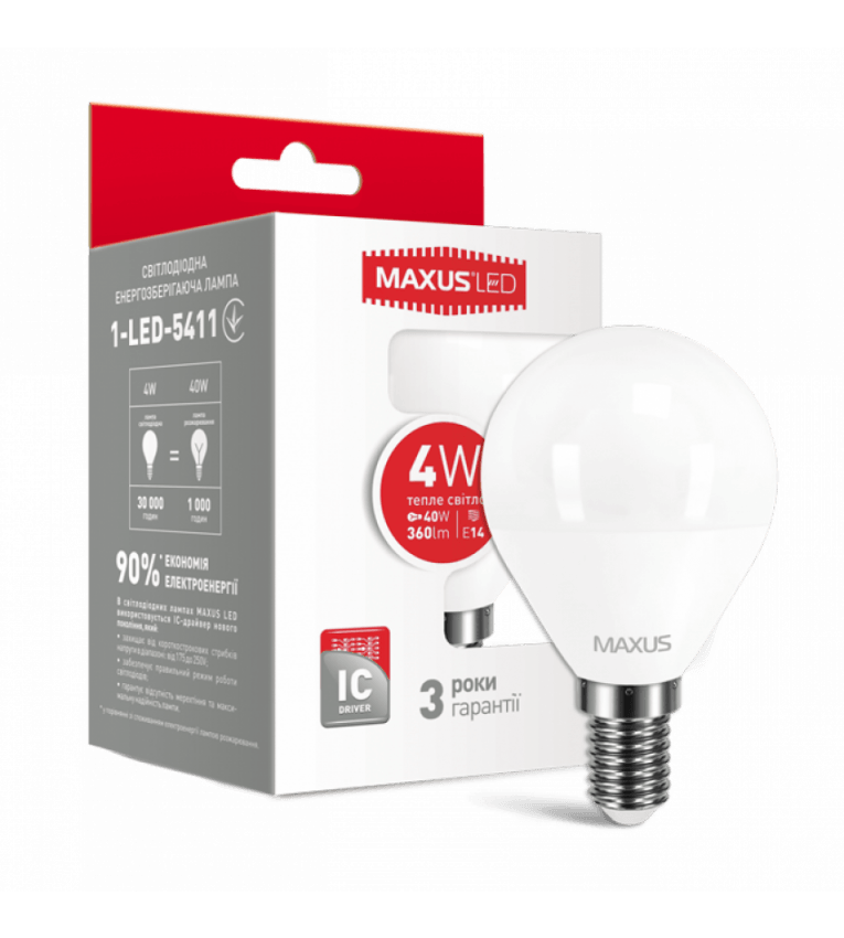 Лампа led 1-LED-5411 G45 4Вт 3000K, E14 Maxus - 1-LED-5411