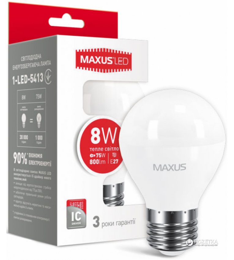 Лампа Led 1-LED-5413 G45 8Вт Maxus 3000K, E27 - 1-LED-5413