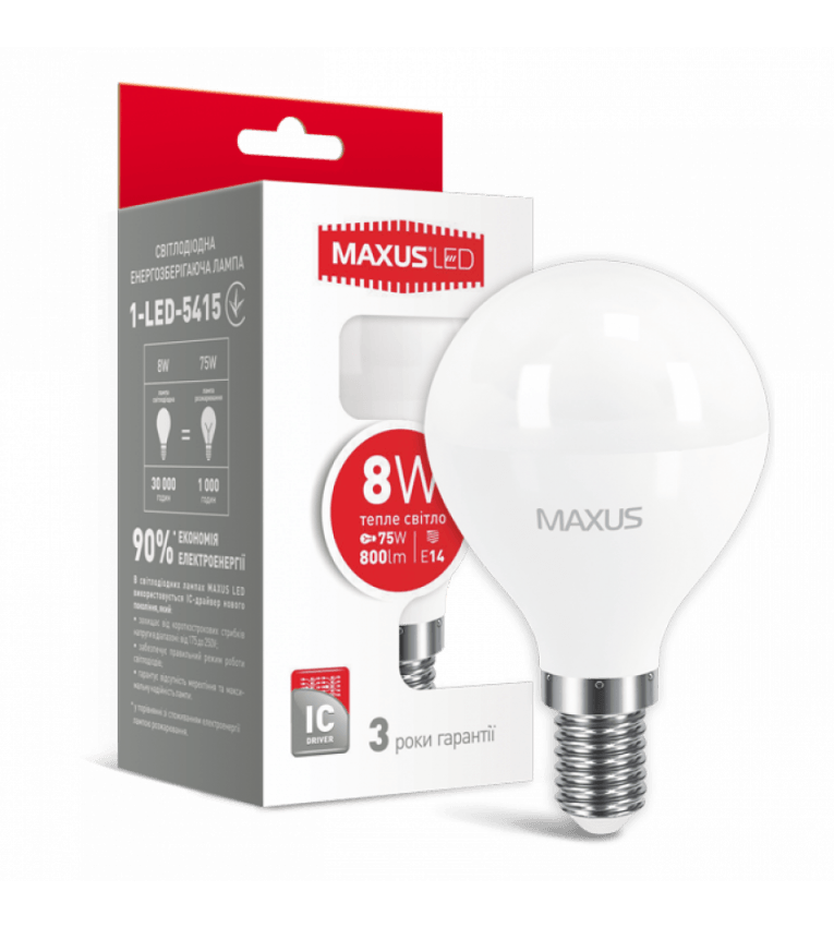 Лампа Led 1-LED-5415 G45 8Вт 3000K, E14 Maxus - 1-LED-5415