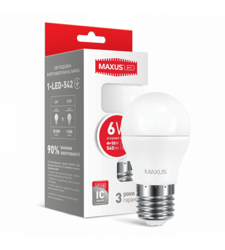 Лампочка LED 1-LED-541 G45 6Вт Maxus 3000К, Е27 - 1-LED-541
