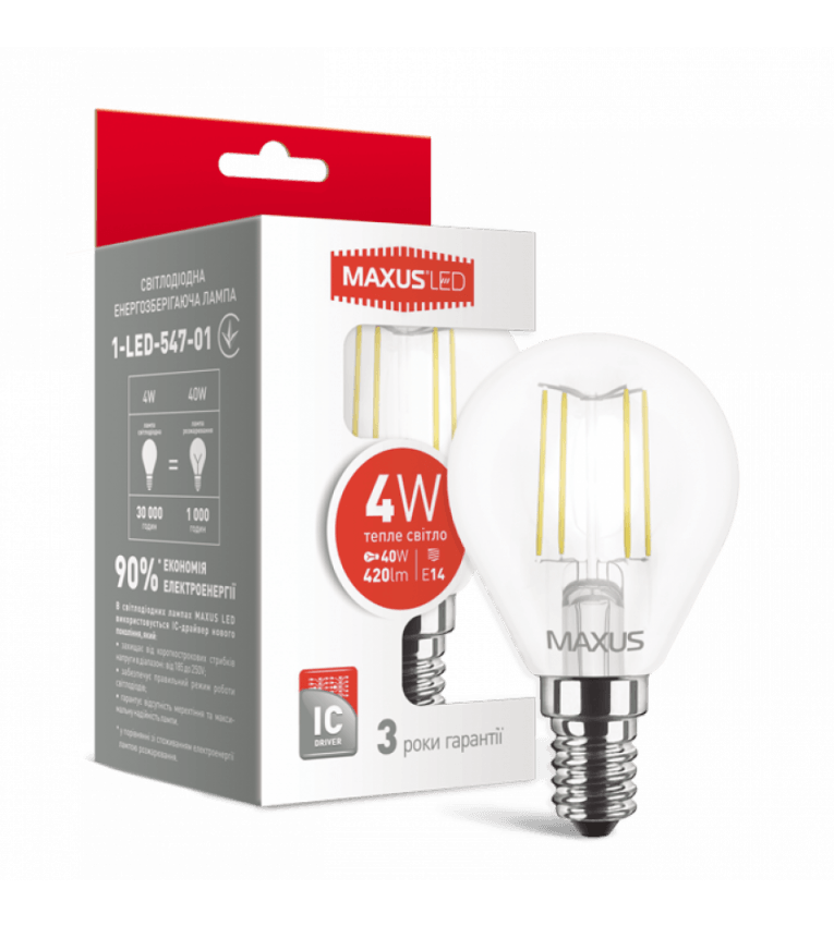 Лампочка LED G45 4Вт Maxus (Filament) 3000К, Е14 - 1-LED-547-01