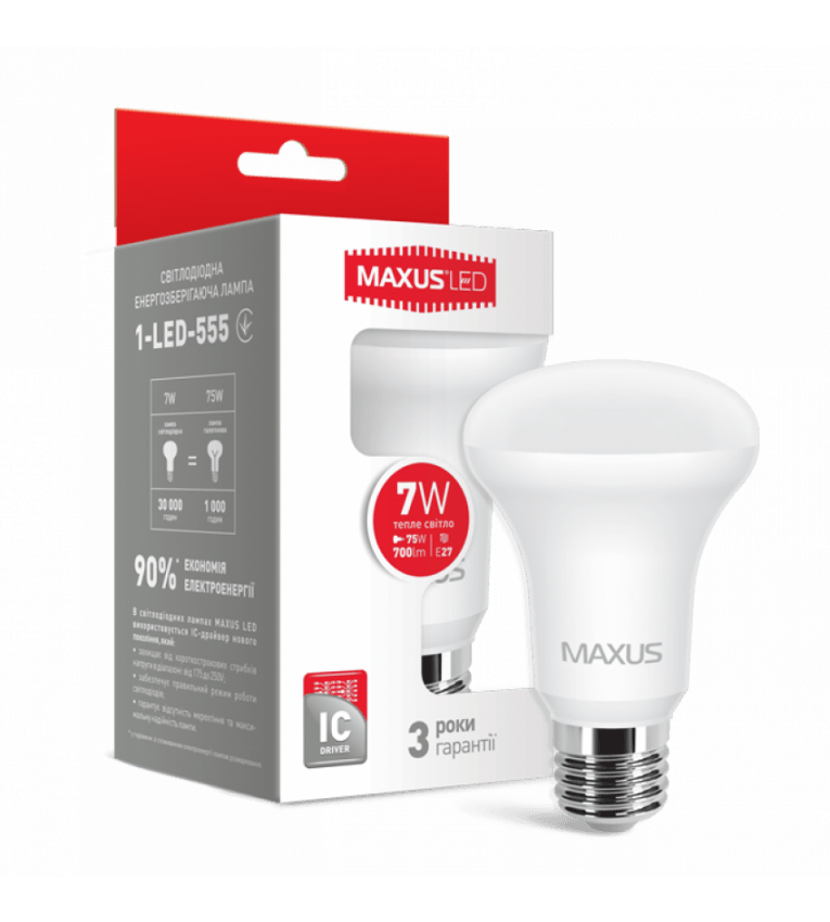 Лампа LED 1-LED-555 R63 7Вт 3000K, E27 Maxus - 1-LED-555