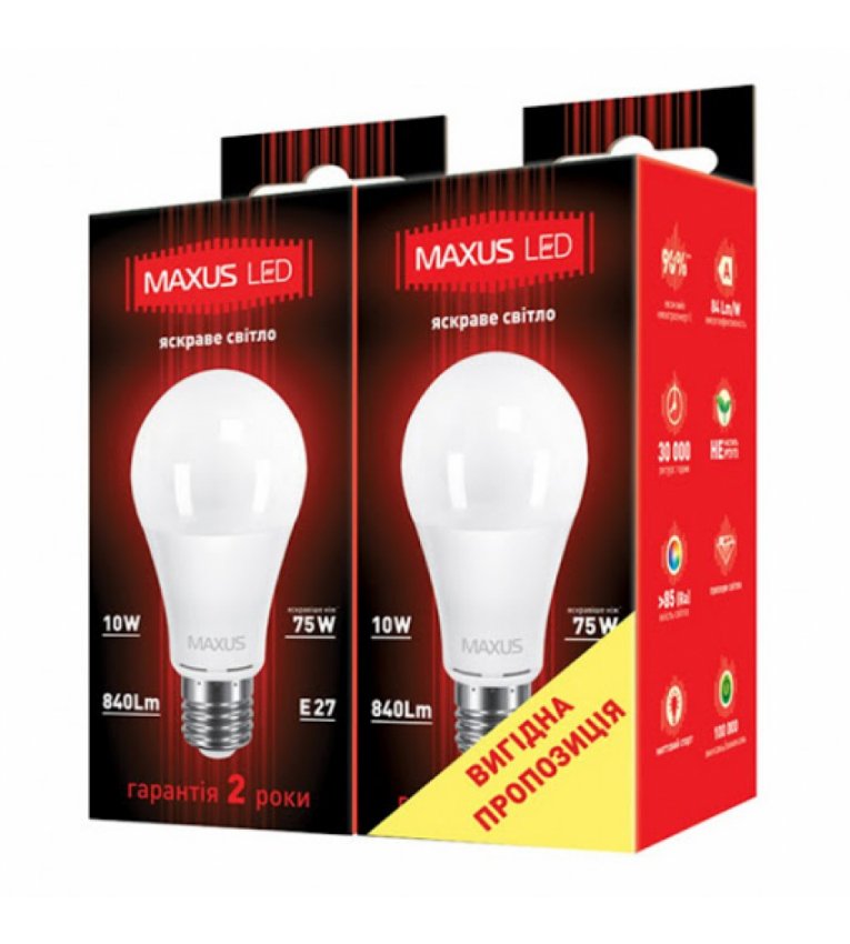 Комплект ламп 2-LED-145-01 А60 10Вт Maxus 3000К, Е27 2шт. - 2-LED-145