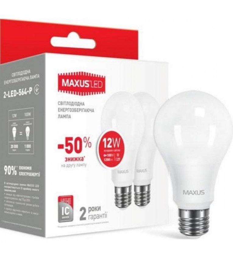Комплект ламп 2-LED-563-P А65 12Вт Maxus (2 шт.) 3000К, Е27 - 2-LED-563-P