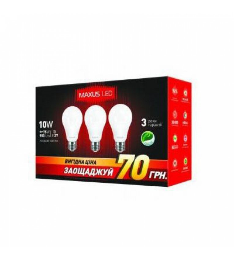 Комплект ламп (3 шт.) 3-LED-146-01 А60 10Вт Maxus 4100К, Е27 - 3-LED-146-01