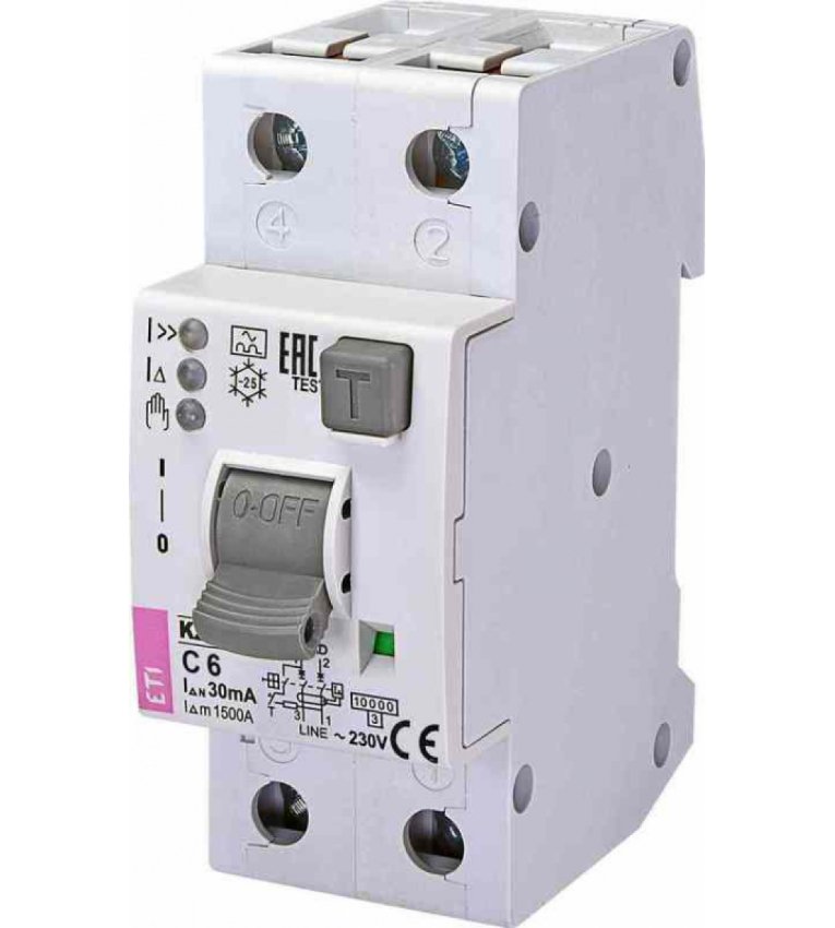 Диференціальний автомат ETI 002172411 KZS-2M2p EDI C 6/0.03 тип A (10kA) з нижнім підключенням - 2172411