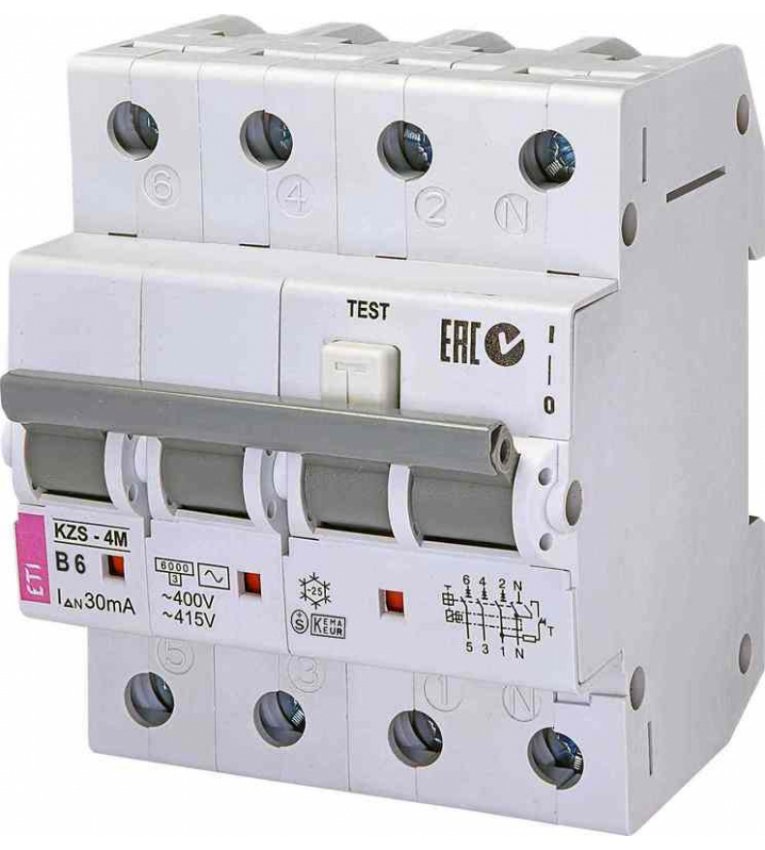 Дифференциальный автомат ETI 002174001 KZS-4M 3p+N B 6/0.03 тип AC (6kA) - 2174001