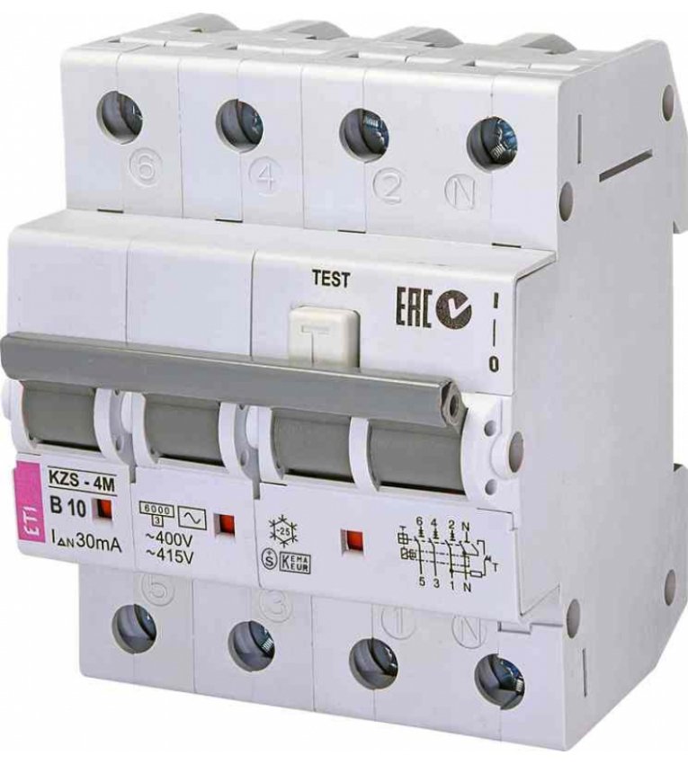 Диференціальний автомат ETI 002174002 KZS-4M 3p+N B 10/0.03 тип AC (6kA) - 2174002