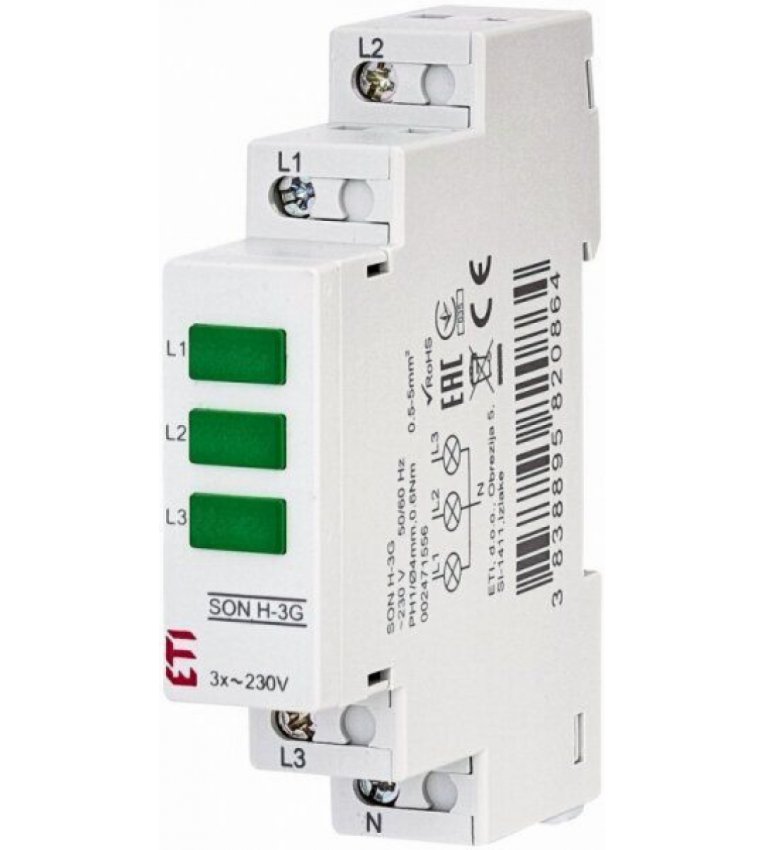 Трехфазный индикатор наличия напряжения ETI 002471556 SON H-3G (3x зеленый) - 2471556