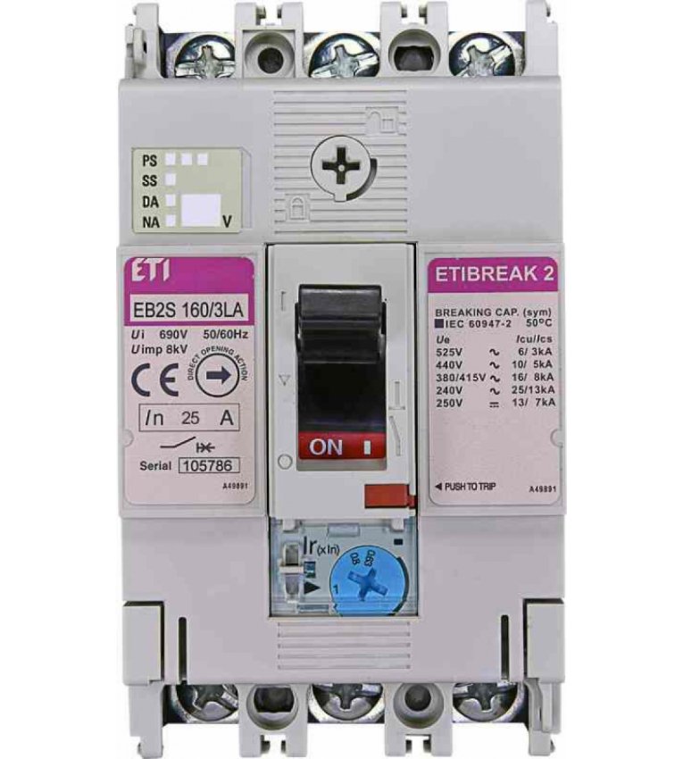 Автоматичний вимикач ETI 004671879 EB2S 160/3LA 25А 3P (16kA регульований) - 4671879