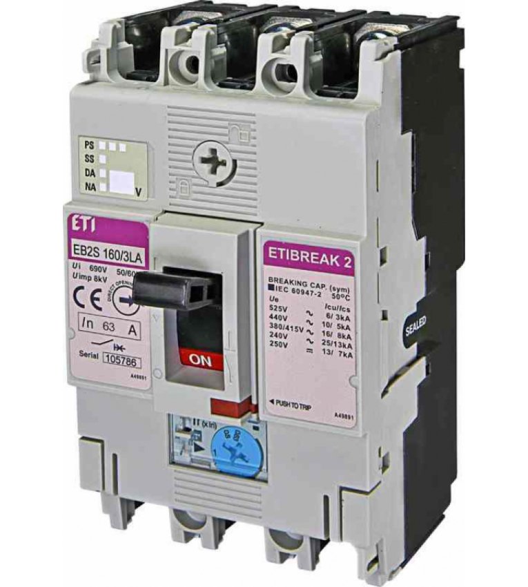 Автоматичний вимикач ETI 004671881 EB2S 160/3LA 63А 3P (16kA регульований) - 4671881