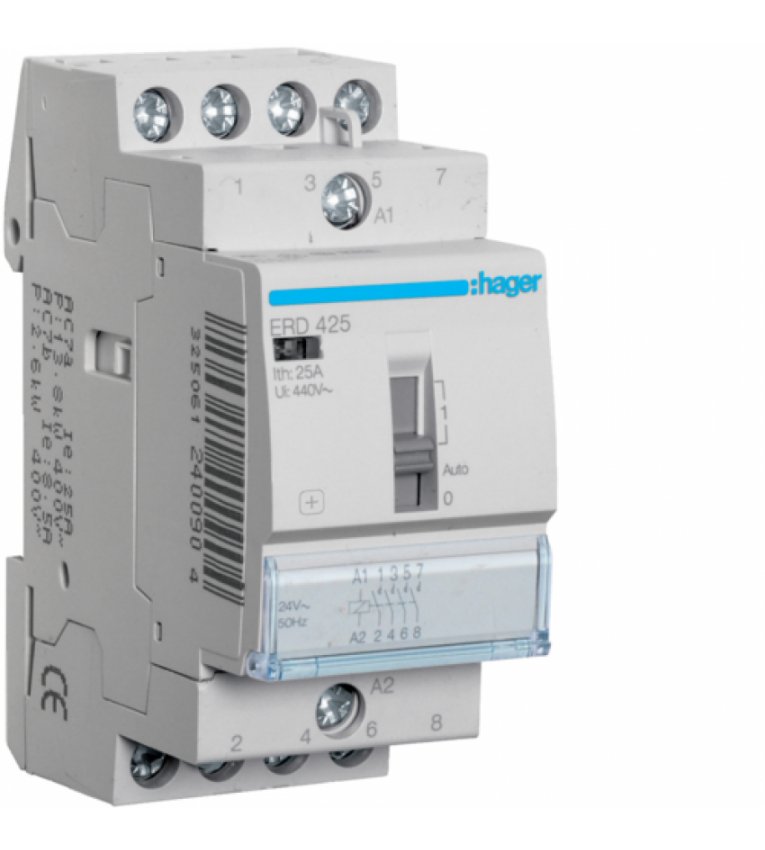 Безшумний контактор з ручним керуванням Hager ERD425S 25A 4НО 24В - ERD425S