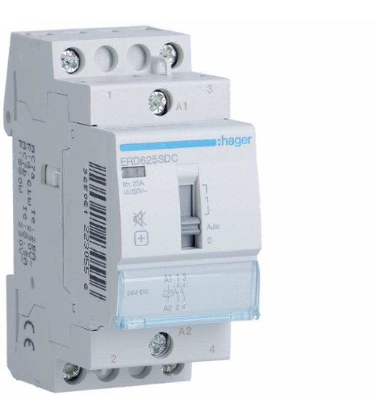 Безшумний контактор з ручним керуванням Hager ERD625SDC 25A 2НО 24В - ERD625SDC