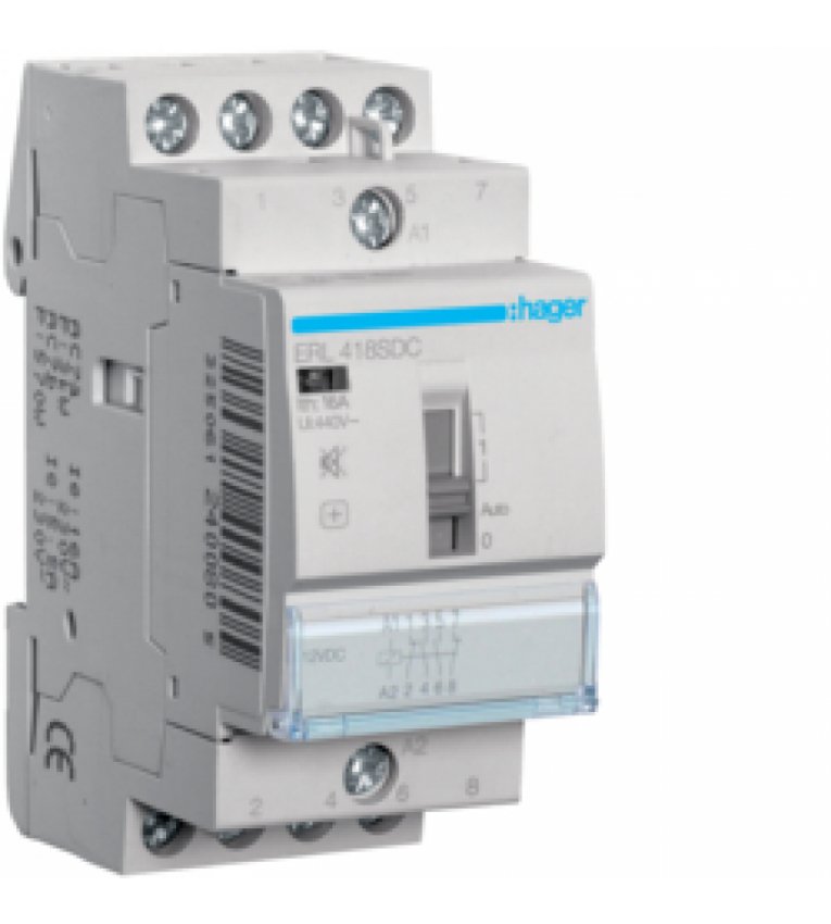 Бесшумный контактор с ручным управлением Hager ERL418SDC 16A 2НО+2НЗ 12В - ERL418SDC