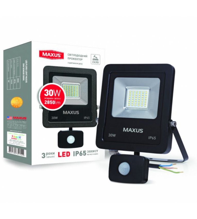 LED прожектор заливаючого світла Maxus 30Вт 5000K з датчиком руху (1-MAX-01-LFL-3050s) - 1-max-01-lfl-3050s
