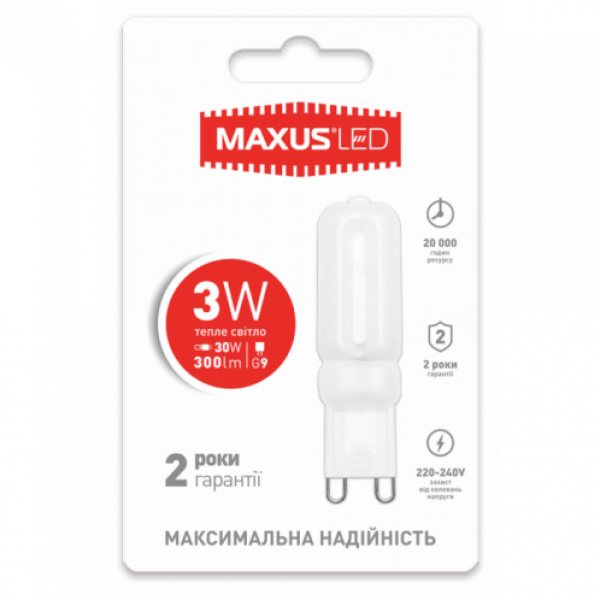 Лампа LED 3Вт Maxus 3000K, G9 - 1-LED-203