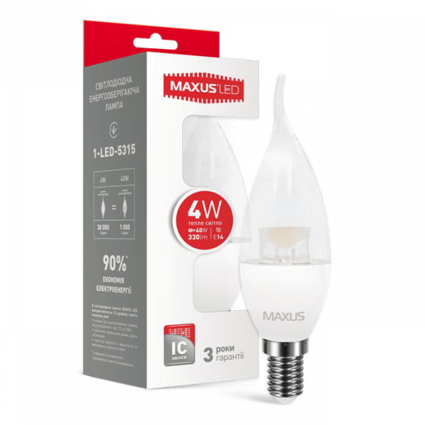Світлодіодна лампа 1-LED-5315 C37 CL-T 4Вт Maxus 3000К, Е14 - 1-LED-5315
