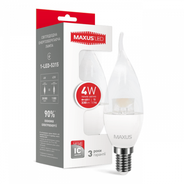 Светодиодная лампочка 1-LED-5315 C37 CL-T 4Вт Maxus 3000К, Е14 - 1-LED-5315