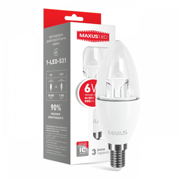 Лампочка LED 1-LED-532 C37 6Вт Maxus 4100К, Е14 - 1-LED-532