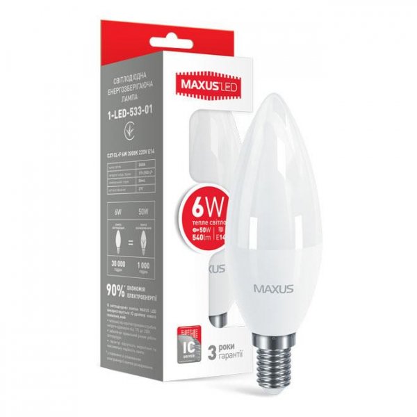 Лампа светодиодная C37 6Вт Maxus 4100К, Е14 - 1-LED-534-01