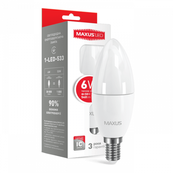 Лампа Led 1-LED-5318 С37 8Вт 4100K, E14 Maxus - 1-LED-5318