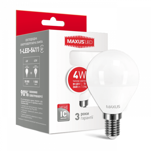 Лампа led 1-LED-5411 G45 4Вт Maxus 3000K, E14 - 1-LED-5411