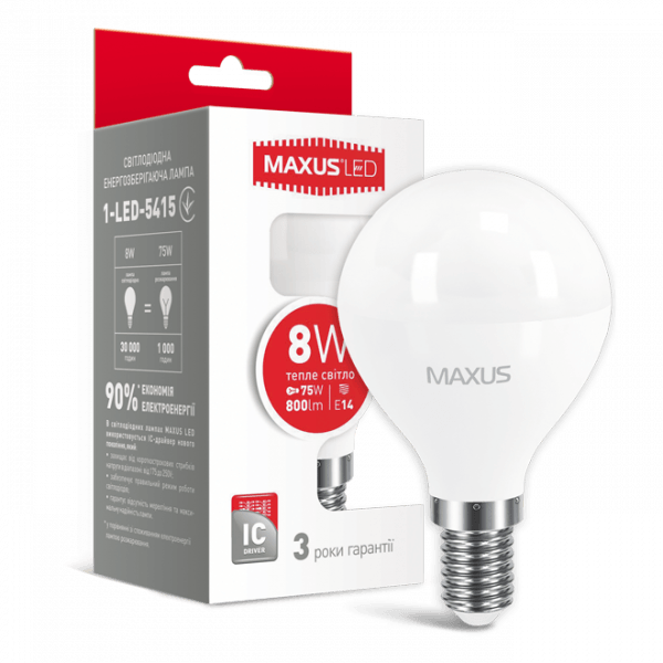 Лампа Led 1-LED-5415 G45 8Вт Maxus 3000K, E14 - 1-LED-5415