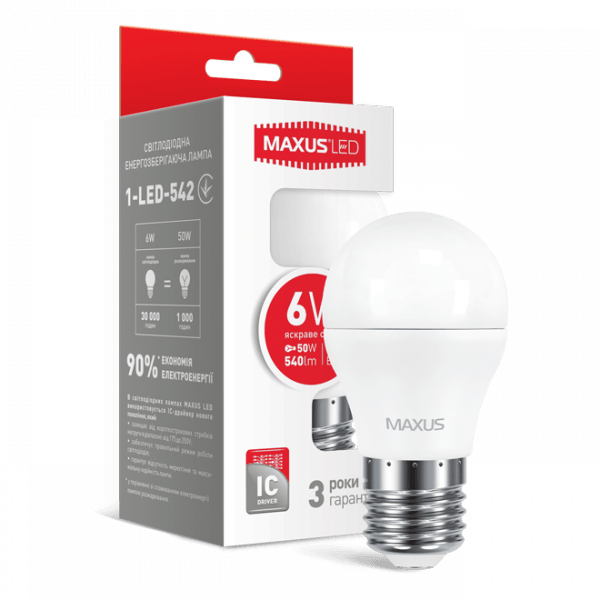 Лампа светодиодная 1-LED-542 G45 6Вт Maxus 4100К, Е27 - 1-LED-542