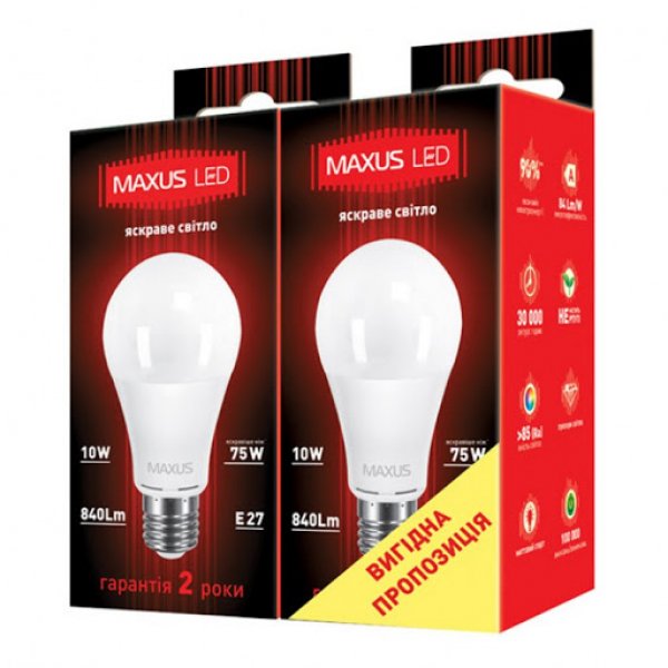 Комплект ламп (2 шт.) 2-LED-146-01 А60 10Вт Maxus 4100К, Е27 - 2-LED-146-01