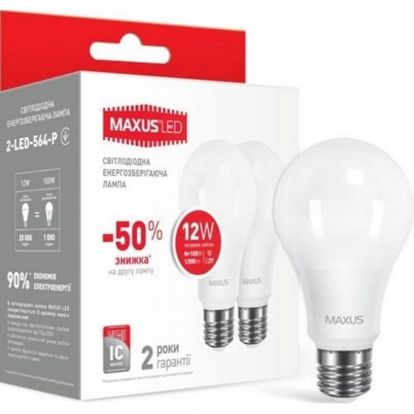 Комплект ламп 2-LED-563-P А65 12Вт (2 шт.) 3000К, Е27 Maxus - 2-LED-563-P