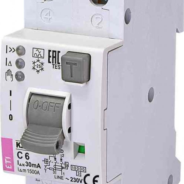 Дифференциальный автомат ETI 002172411 KZS-2M2p EDI C 6/0.03 тип A (10kA) с нижним подключением - 2172411
