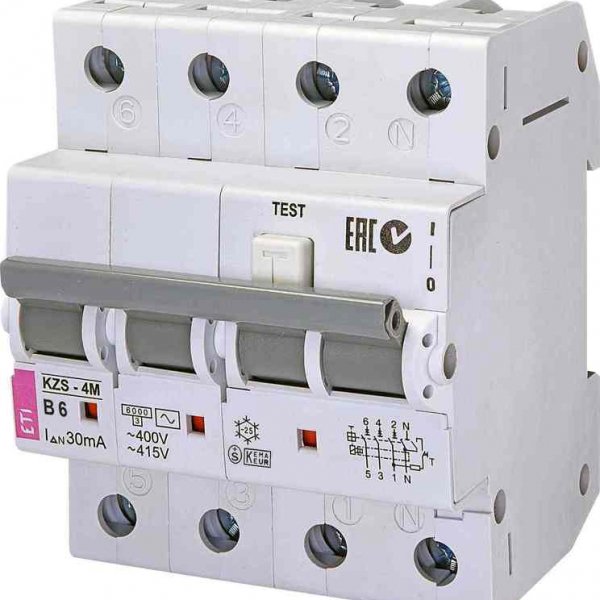 Диференціальний автомат ETI 002174001 KZS-4M 3p+N B 6/0.03 тип AC (6kA) - 2174001