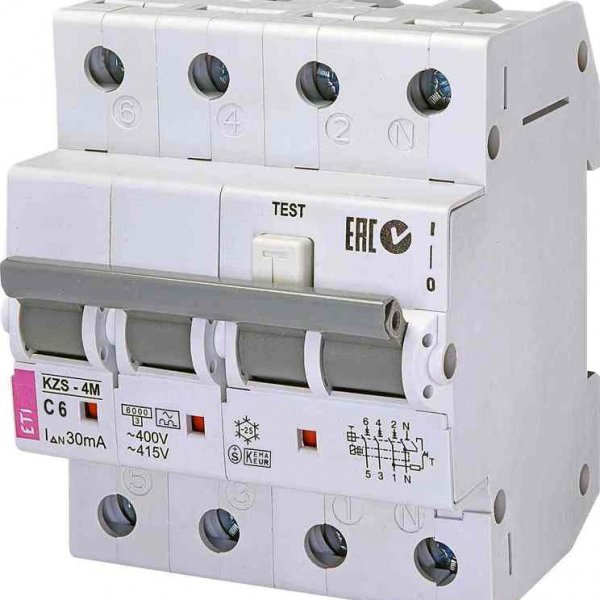 Диференціальний автомат ETI 002174921 KZS-4M 3p+N C 6/0.03 тип A (6kA) - 2174921