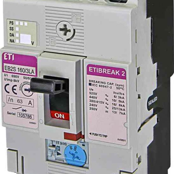 Автоматичний вимикач ETI 004671881 EB2S 160/3LA 63А 3P (16kA регульований) - 4671881