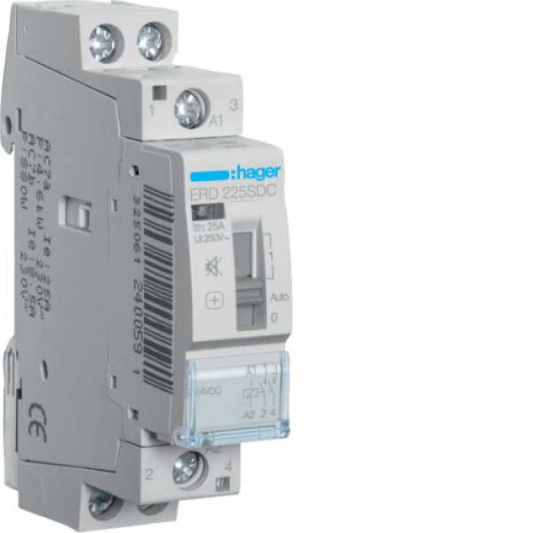 Безшумний контактор з ручним керуванням Hager ERD225SDC 25A 2НО 24В - ERD225SDC