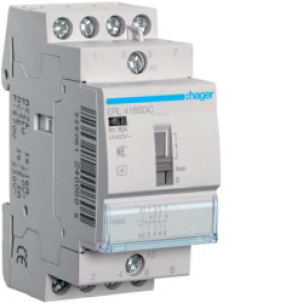 Бесшумный контактор с ручным управлением Hager ERL418SDC 16A 2НО+2НЗ 12В - ERL418SDC