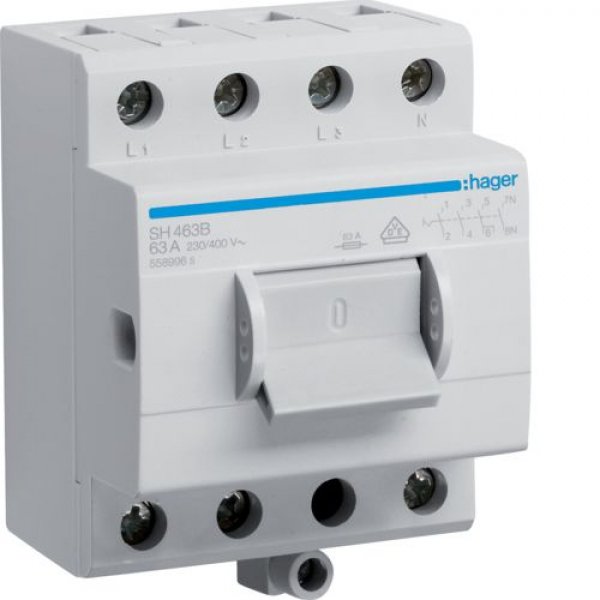 Компактний вимикач навантаження Hager SH463B 4Р 63А/400В з додатковою клемою - SH463B