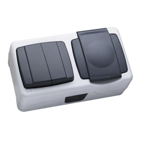 Вимикач 2-клавішний + розетка з кришкою IP55 плюс - 36064203