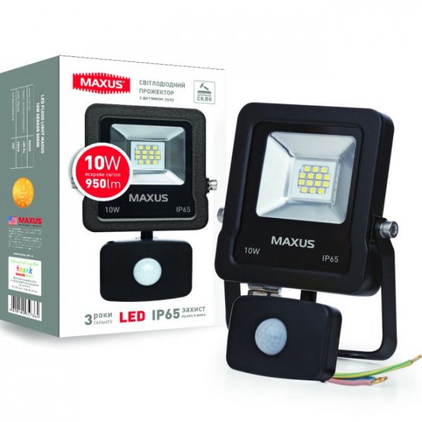 LED прожектор заливающего света Maxus 10Вт 5000K с датчиком движения (1-MAX-01-LFL-1050s) - 1-max-01-lfl-1050s